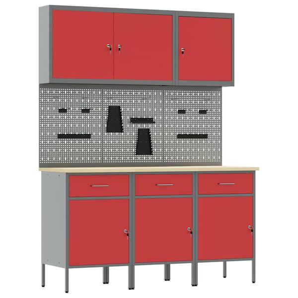 vidaXL Werk kast met lade met slot 8 pcs Rood Engineered hout en staal