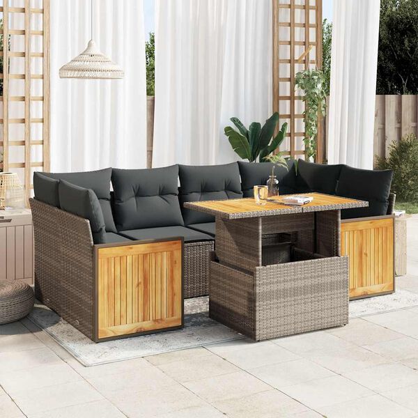 vidaXL 7-delige Loungeset met kussens poly rattan acacia grijs