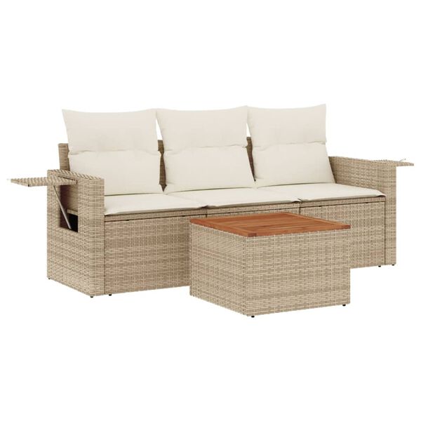 vidaXL 4-delige Loungeset met kussens poly rattan beige