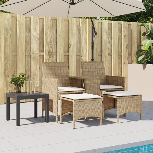 vidaXL Tuinbank 2-zits met tafel en voetenbanken poly rattan beige