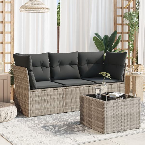 vidaXL 4-delige Loungeset met kussens poly rattan lichtgrijs
