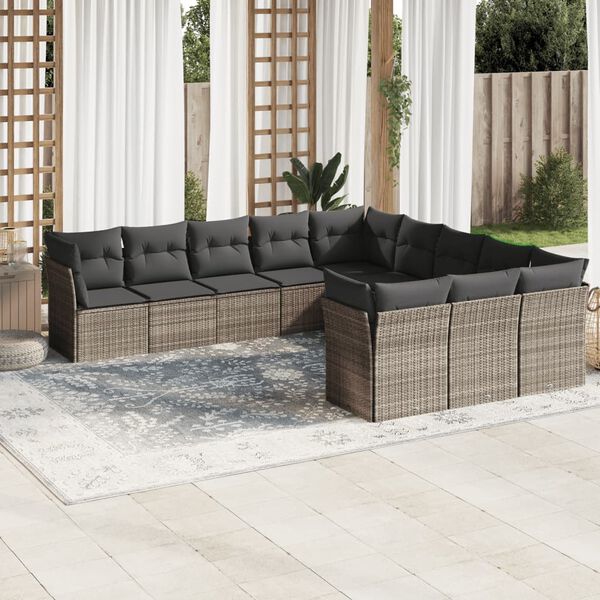 vidaXL 11-delige Loungeset met kussens poly rattan lichtgrijs