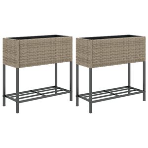 vidaXL Plantenbakken met schap 2 st 70x28x70 poly rattan grijs