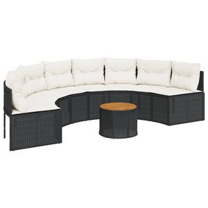 vidaXL Tuinbank met tafel en kussens halfrond poly rattan zwart