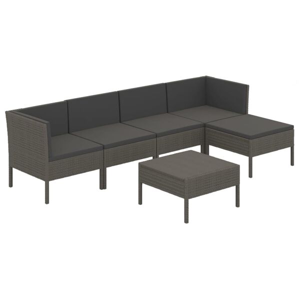 vidaXL 6-delige Loungeset met kussens poly rattan grijs