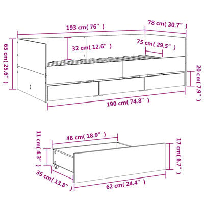 vidaXL Slaapbank met lades zonder matras 75x190 cm wit