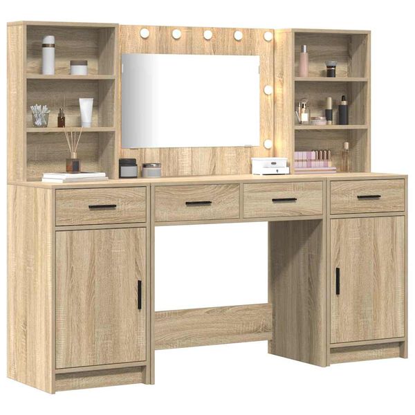vidaXL Make-up tafel set met LED 3 pcs Sonoma Eiken Bewerkt hout