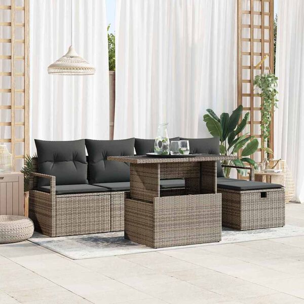 vidaXL Tuin Sofa Set met kussen met opslag 6 pcs Grijs Poly riet