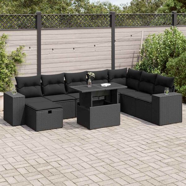 vidaXL 9-delige Loungeset met kussens poly rattan zwart