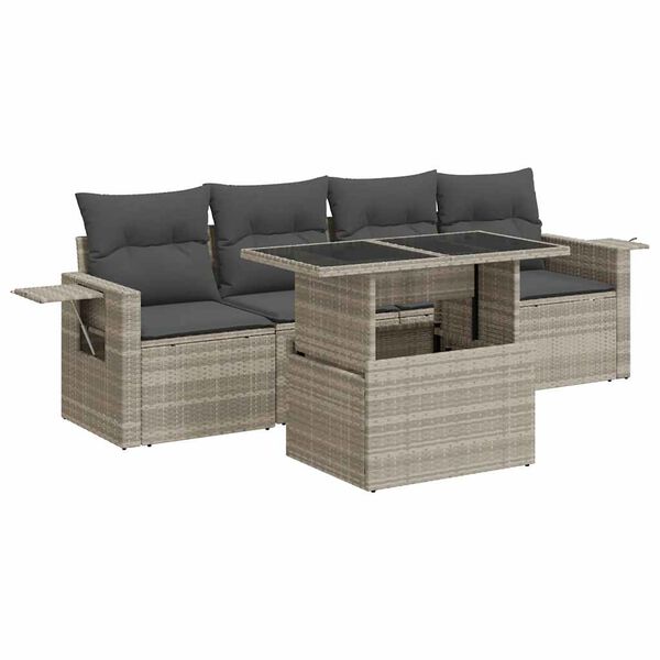 vidaXL 5-delige Loungeset met kussens poly rattan lichtgrijs