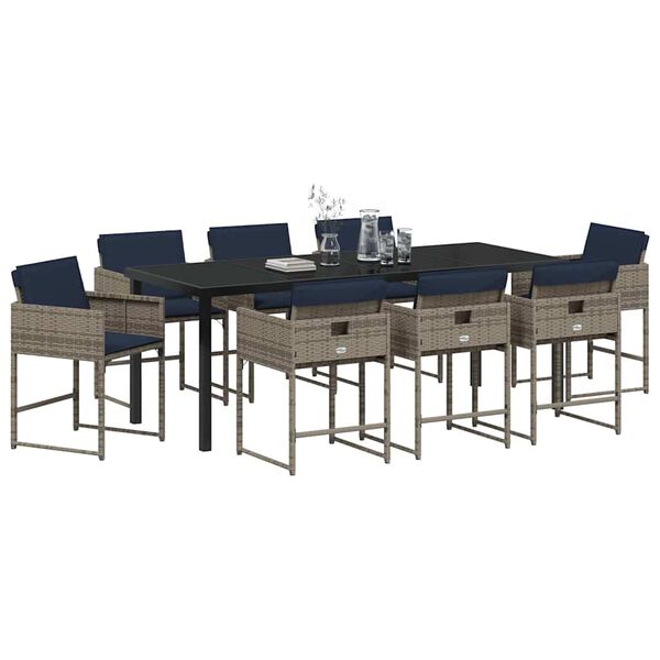 vidaXL Tuin eettafelset met kussen 9 pcs Grijs poly rattan