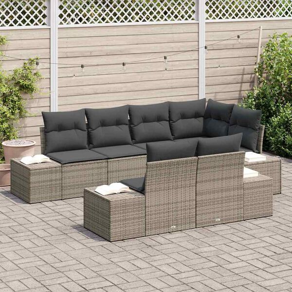 vidaXL Tuinbankenset met opslag 7 pcs Grijs poly rattan