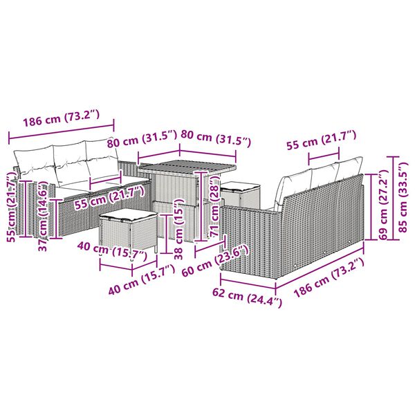 vidaXL Tuin Sofa Set 9 pcs Zwart Poly rattan en gepoedercoat staal