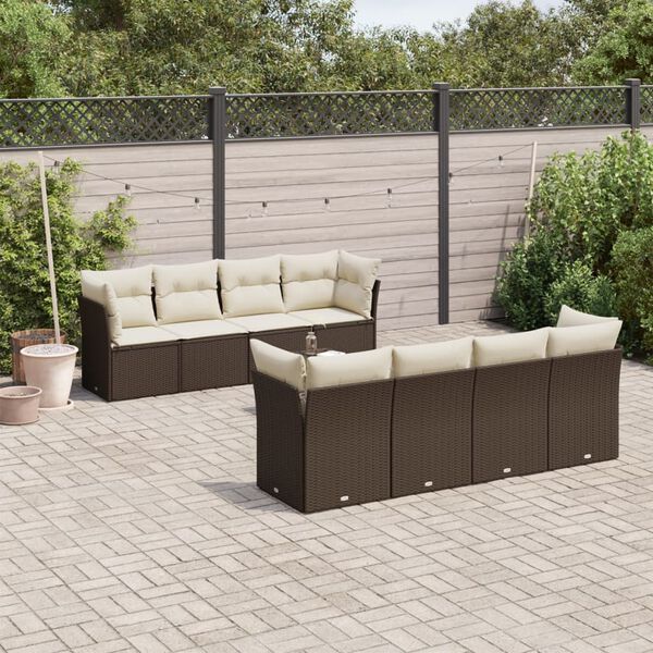 vidaXL 9-delige Loungeset met kussens poly rattan bruin