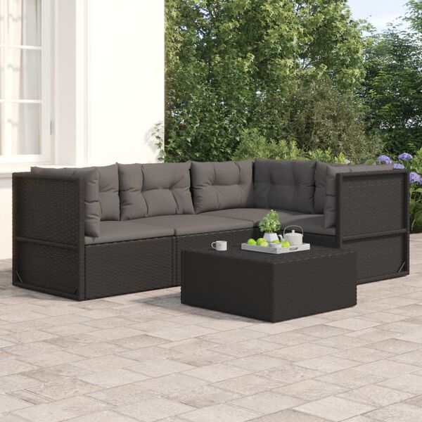 vidaXL 4-delige Loungeset met kussens poly rattan zwart