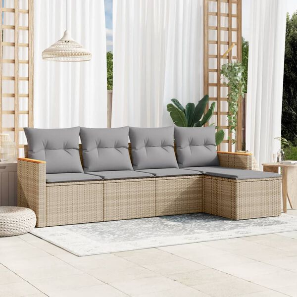 vidaXL 5-delige Loungeset met kussens poly rattan gemengd beige