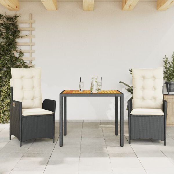 vidaXL 3-delige Tuinset met kussens poly rattan zwart
