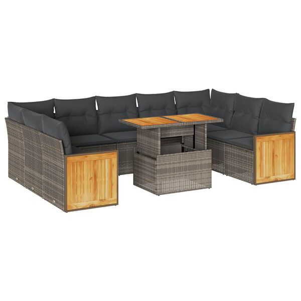 vidaXL 10-delige Loungeset met kussens poly rattan acacia grijs