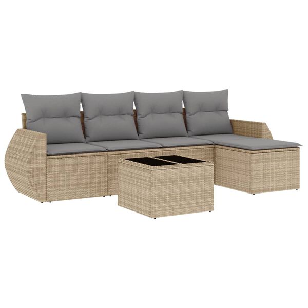 vidaXL 6-delige Loungeset met kussens poly rattan beige