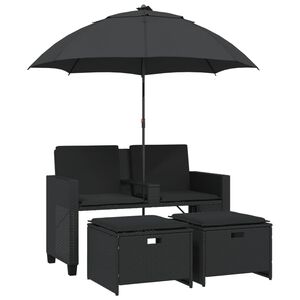 vidaXL Tuinbank 2-zits met parasol en voetenbanken poly rattan zwart