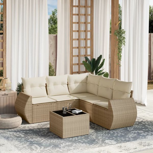 vidaXL 6-delige Loungeset met kussens poly rattan beige