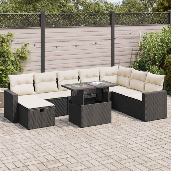 vidaXL 9-delige Loungeset met kussens poly rattan zwart