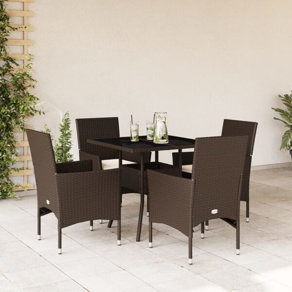 vidaXL 5-delige Tuinset met kussens poly rattan en glas bruin