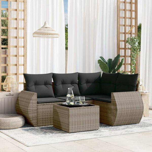 vidaXL 5-delige Loungeset met kussens poly rattan grijs