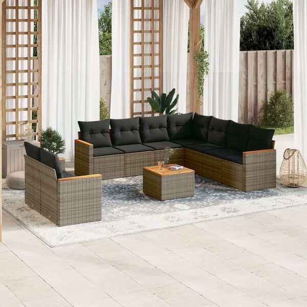 vidaXL 10-delige Loungeset met kussens poly rattan grijs