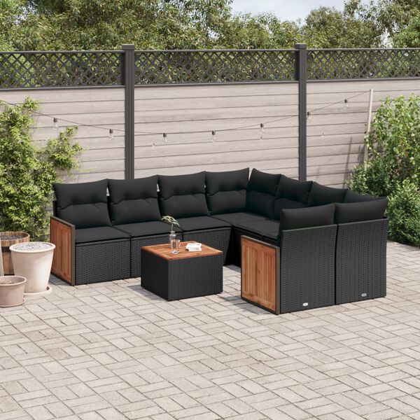 vidaXL 9-delige Loungeset met kussens poly rattan zwart