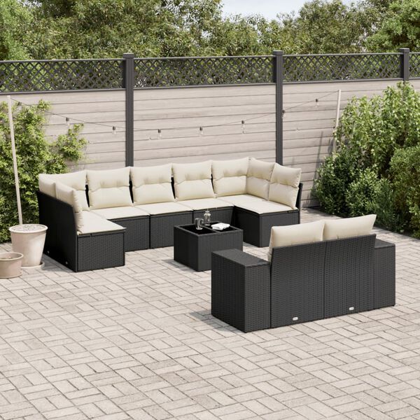 vidaXL 10-delige Loungeset met kussens poly rattan zwart