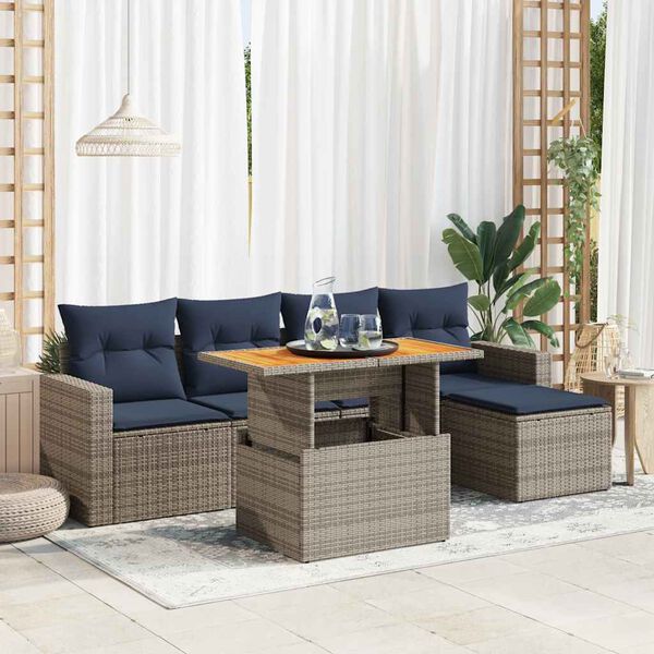 vidaXL 6-delige Loungeset met kussens poly rattan grijs