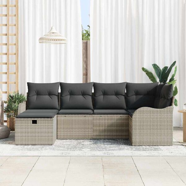 vidaXL Tuin Sofa Set met kussen met opslag 6 pcs Lichtgrijs Poly riet