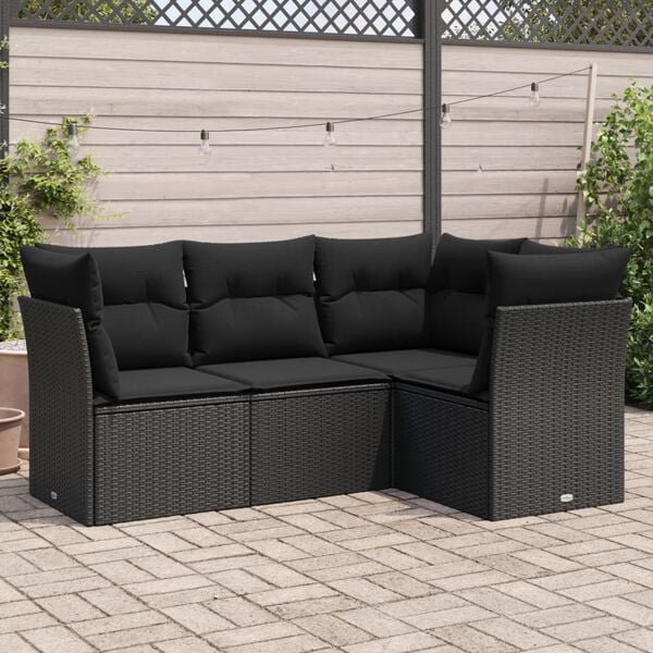 vidaXL 4-delige Loungeset met kussens poly rattan zwart