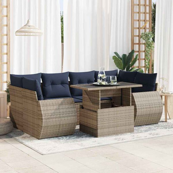 vidaXL 7-delige Loungeset met kussens poly rattan acacia grijs