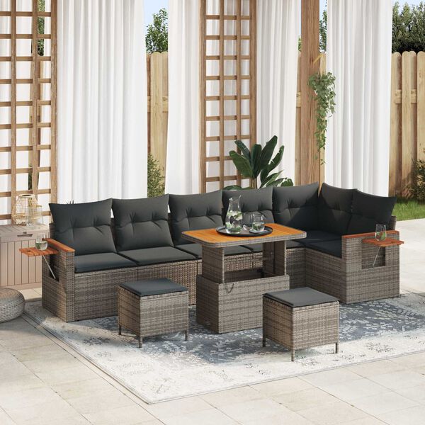 vidaXL Tuinbankenset 9 pcs Grijs Poly rattan en gepoedercoat staal