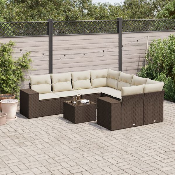 vidaXL 9-delige Loungeset met kussens poly rattan bruin