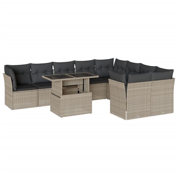 vidaXL 10-delige Loungeset met kussens poly rattan lichtgrijs