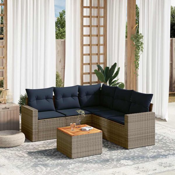 vidaXL 6-delige Loungeset met kussens poly rattan grijs