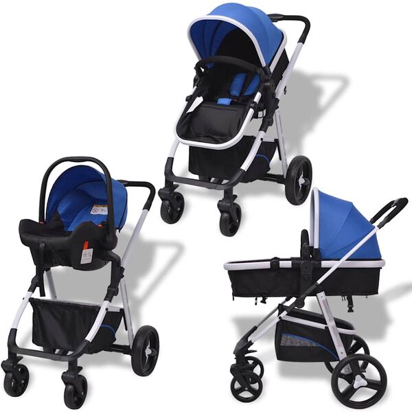 vidaXL Wandelwagen 3-in-1 aluminium blauw en zwart