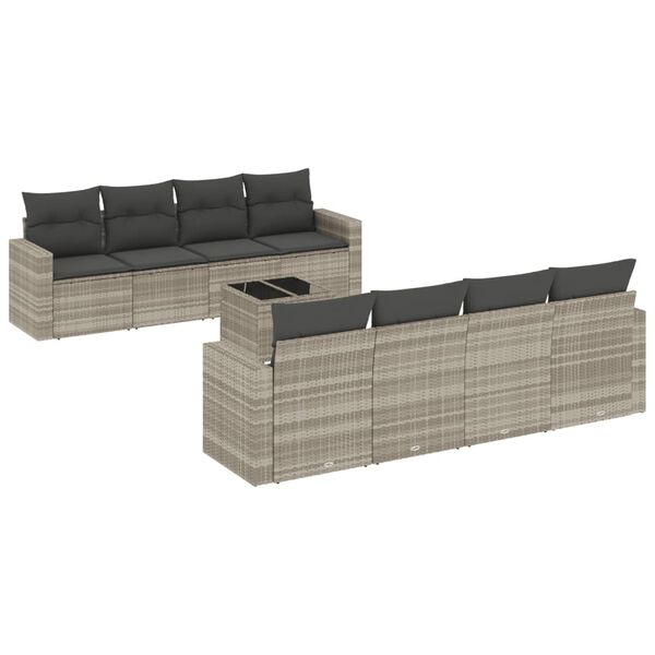 vidaXL 9-delige Loungeset met kussens poly rattan lichtgrijs