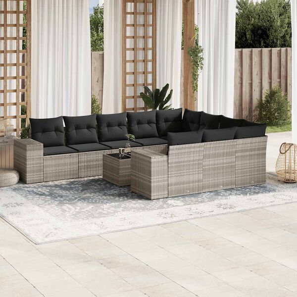vidaXL 11-delige Loungeset met kussens poly rattan lichtgrijs