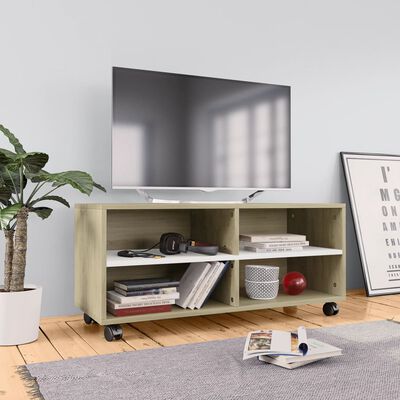 vidaXL Tv-meubel met wieltjes 90x35x35 cm bewerkt hout wit en sonoma