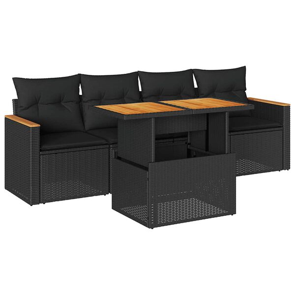vidaXL 5-delige Loungeset met kussens poly rattan acacia zwart