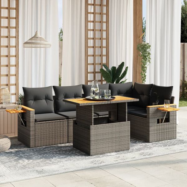 vidaXL 6-delige Loungeset met kussens poly rattan grijs