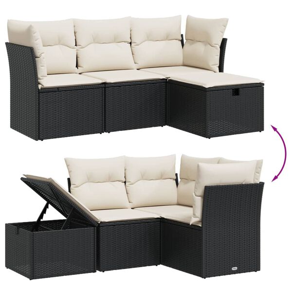 vidaXL 4-delige Loungeset met kussens poly rattan zwart