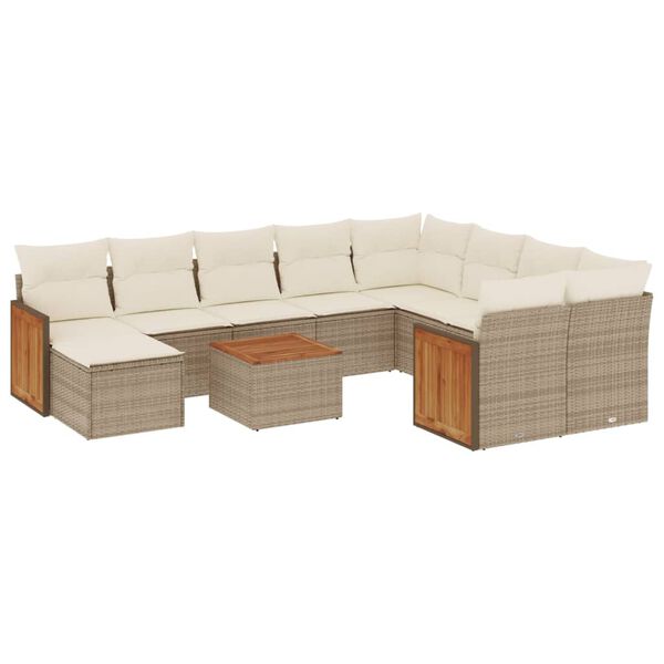 vidaXL 11-delige Tuinset met kussens poly rattan beige