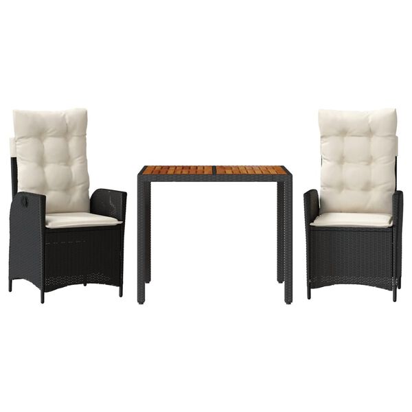 vidaXL 3-delige Tuinset met kussens poly rattan zwart