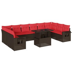 vidaXL 11-delige tuinbankset met kussens, bruin polyrotan