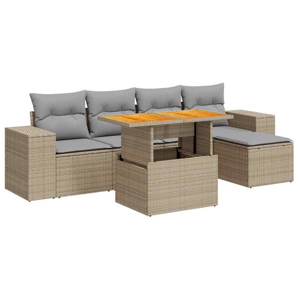 vidaXL 6-delige Loungeset met kussens poly rattan beige